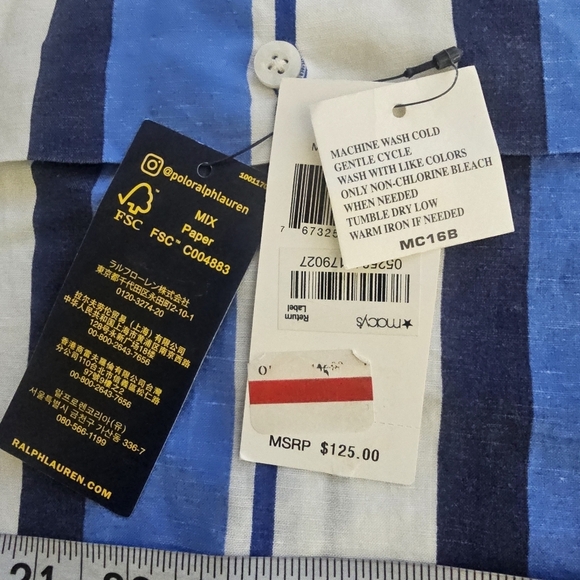 Polo Ralph Lauren Linen Newport Stripe Short Sleeve Shirt Blue White Men’s Large - Picture 5 of 10